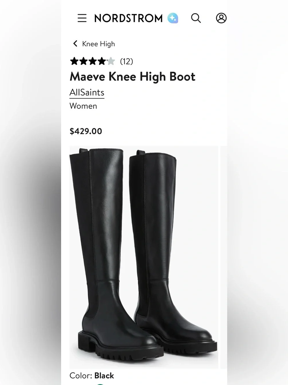 AllSaints' Maeva Women's Black Knee-High Genuine Leather Chunky Lug Sole Boots🔥